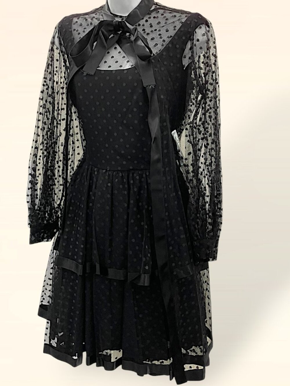 Vintage 1950s Phyllis DeTrano Black Swiss Dot Cocktail Dress w Sheer Cape